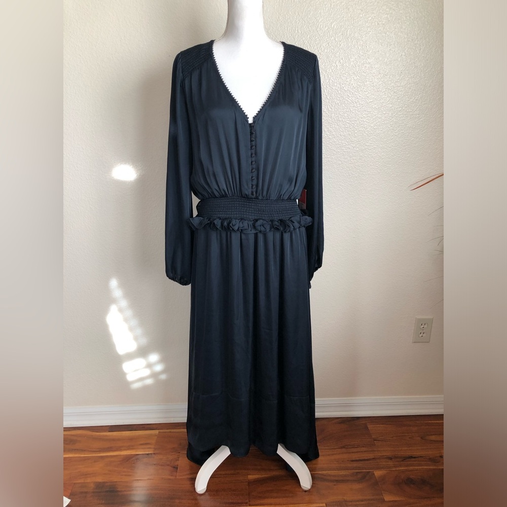 Monique Lhuillier Gown Dress NEW + Tags Rushed Buttons Silky Navy